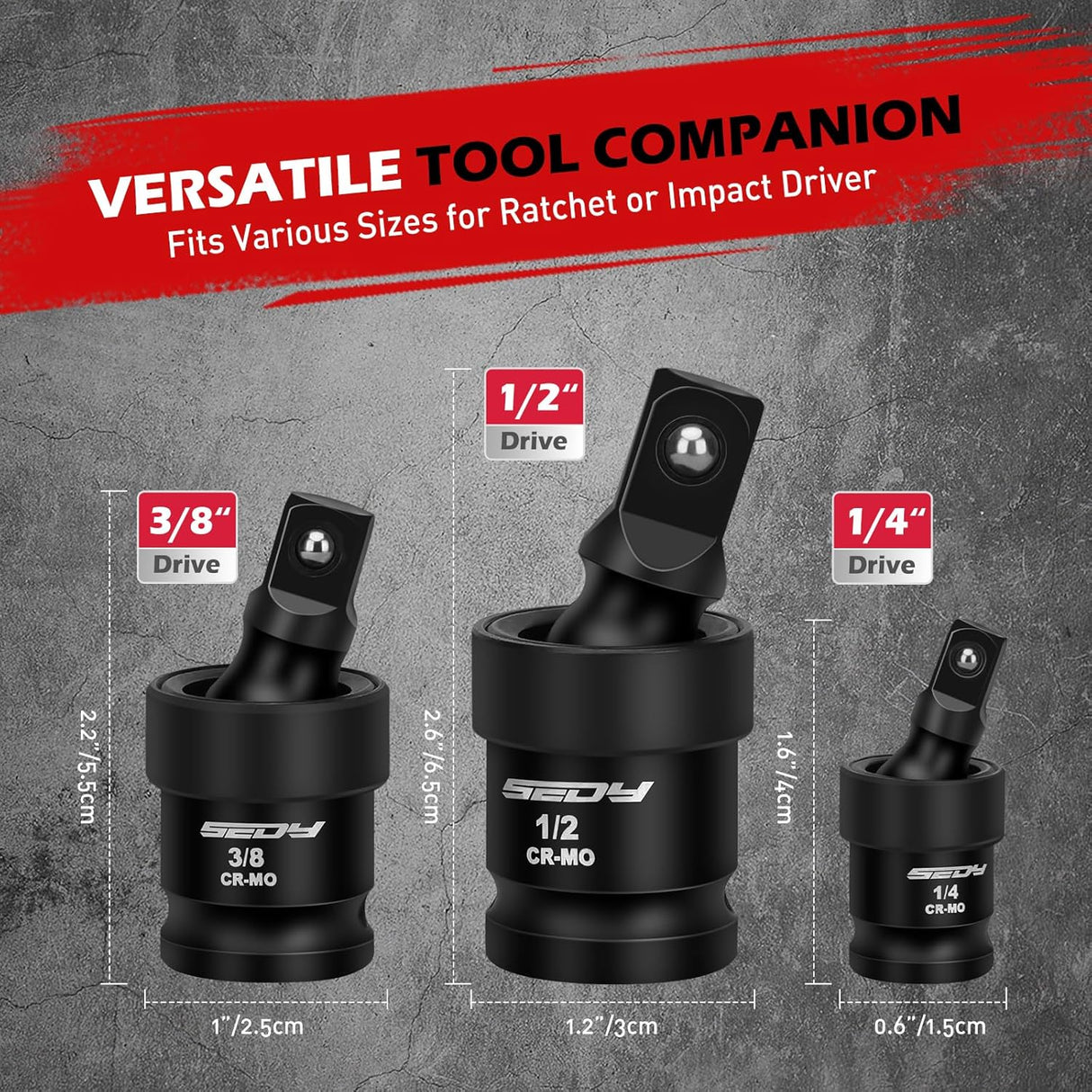 Flexible impact universal joint socket swivel adapters in 1/2-inch, 3/8-inch, and 1/4-inch sizes, crafted from premium CR-MO steel.