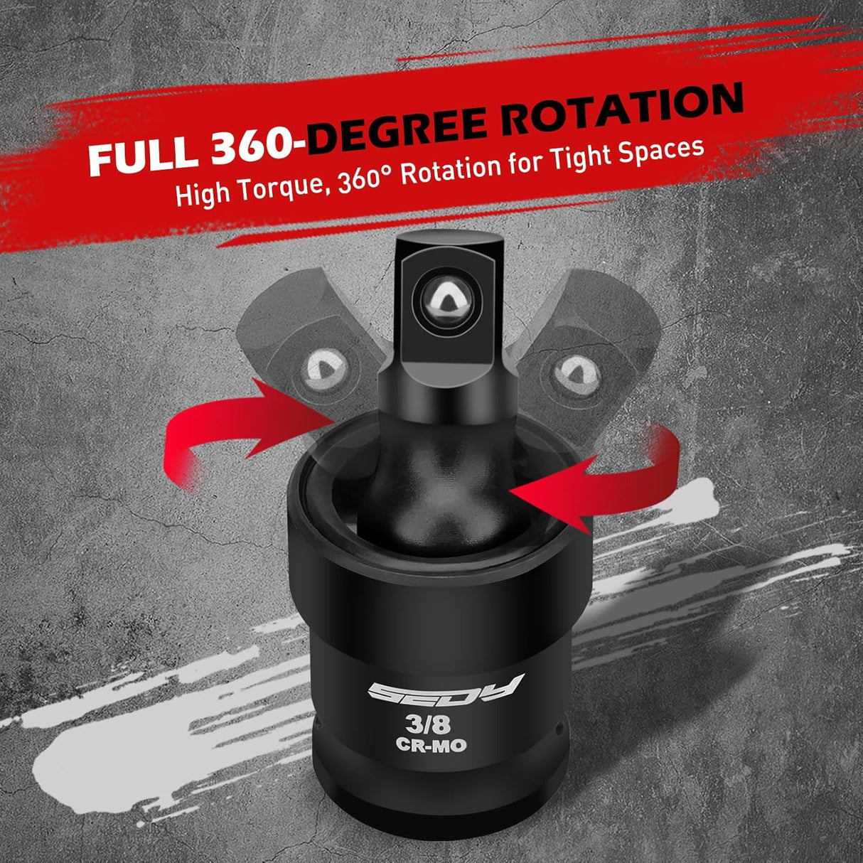 Flexible impact universal joint socket swivel adapters in 1/2-inch, 3/8-inch, and 1/4-inch sizes, crafted from premium CR-MO steel.