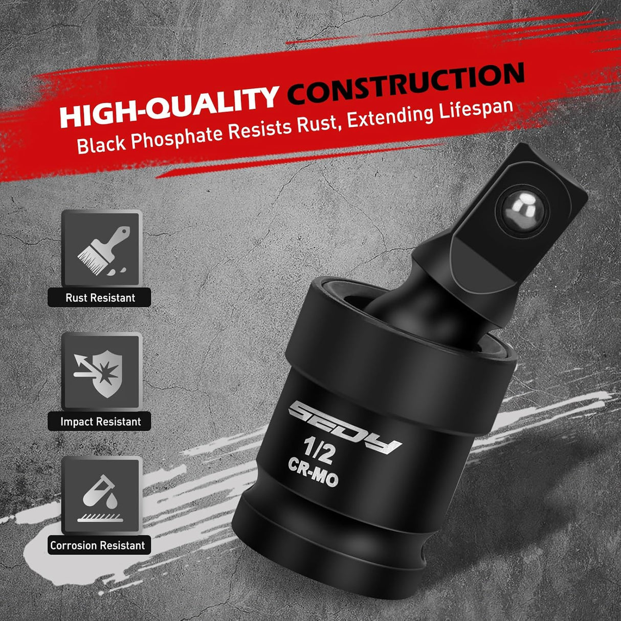 Flexible impact universal joint socket swivel adapters in 1/2-inch, 3/8-inch, and 1/4-inch sizes, crafted from premium CR-MO steel.