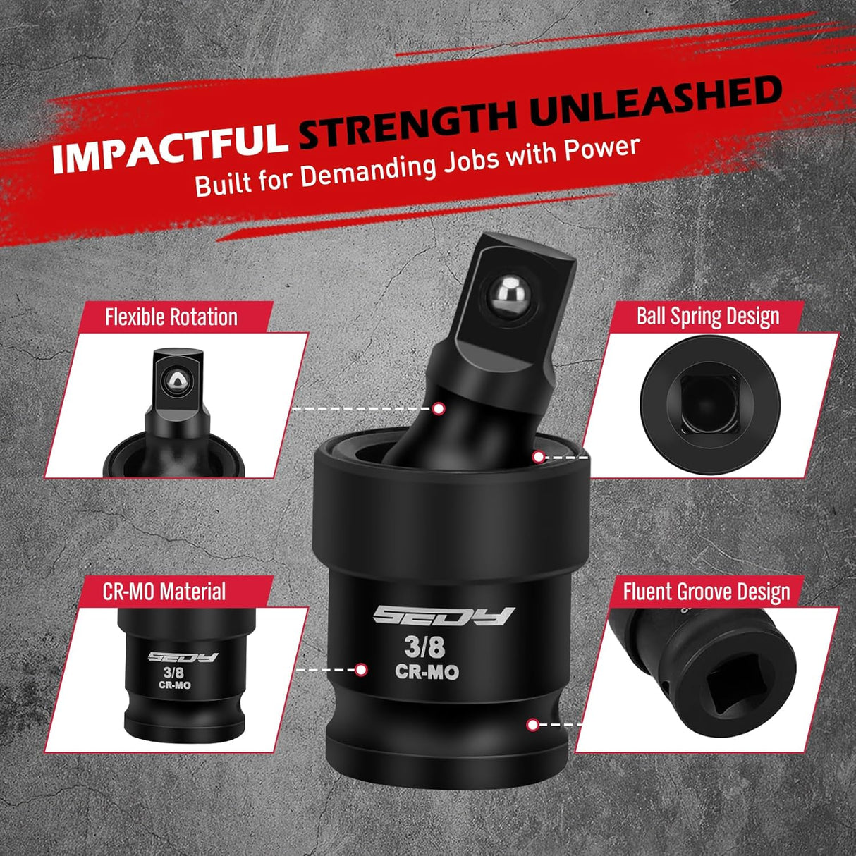 Flexible impact universal joint socket swivel adapters in 1/2-inch, 3/8-inch, and 1/4-inch sizes, crafted from premium CR-MO steel.