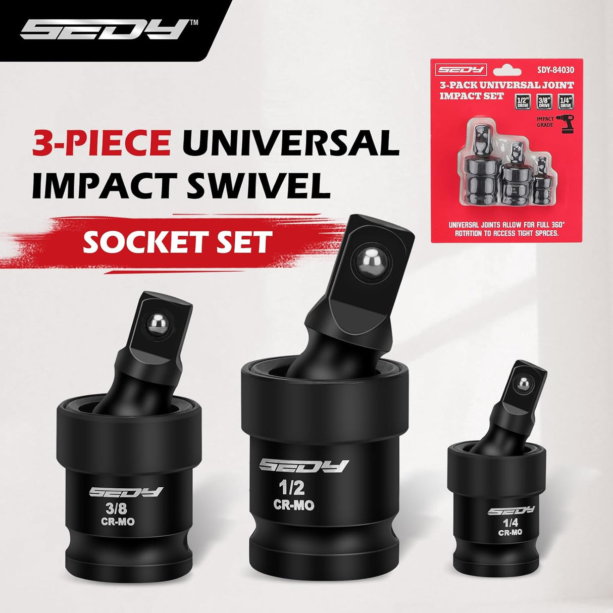 Flexible impact universal joint socket swivel adapters in 1/2-inch, 3/8-inch, and 1/4-inch sizes, crafted from premium CR-MO steel.