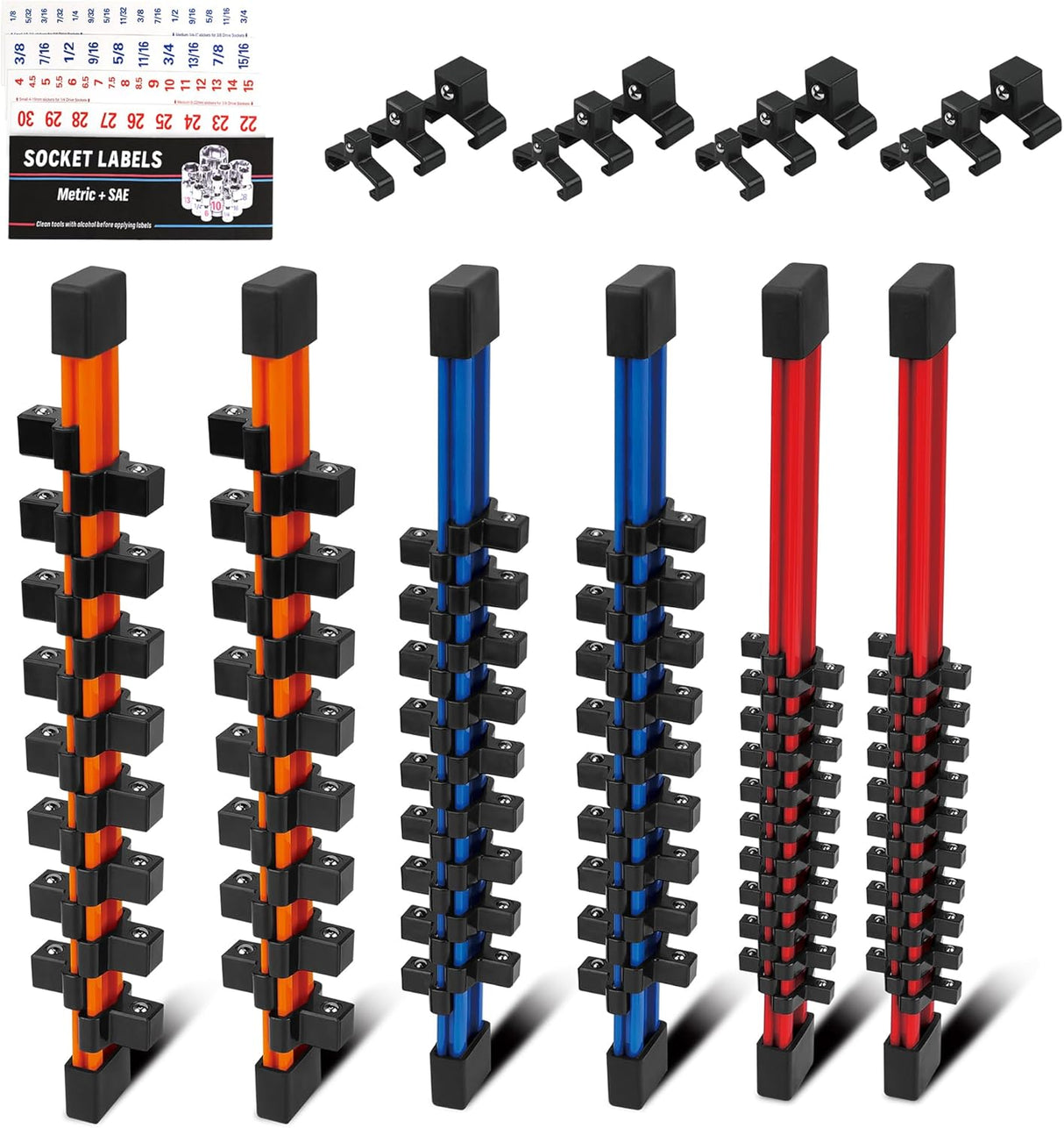 HORUSDY 6-piece socket storage rail set with color-coded aluminum tracks and removable clips for organizing 1/4", 3/8", and 1/2" drive sockets.