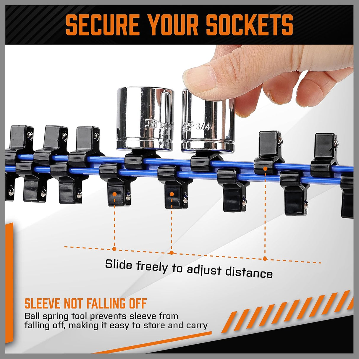 HORUSDY 6-piece socket storage rail set with color-coded aluminum tracks and removable clips for organizing 1/4", 3/8", and 1/2" drive sockets
