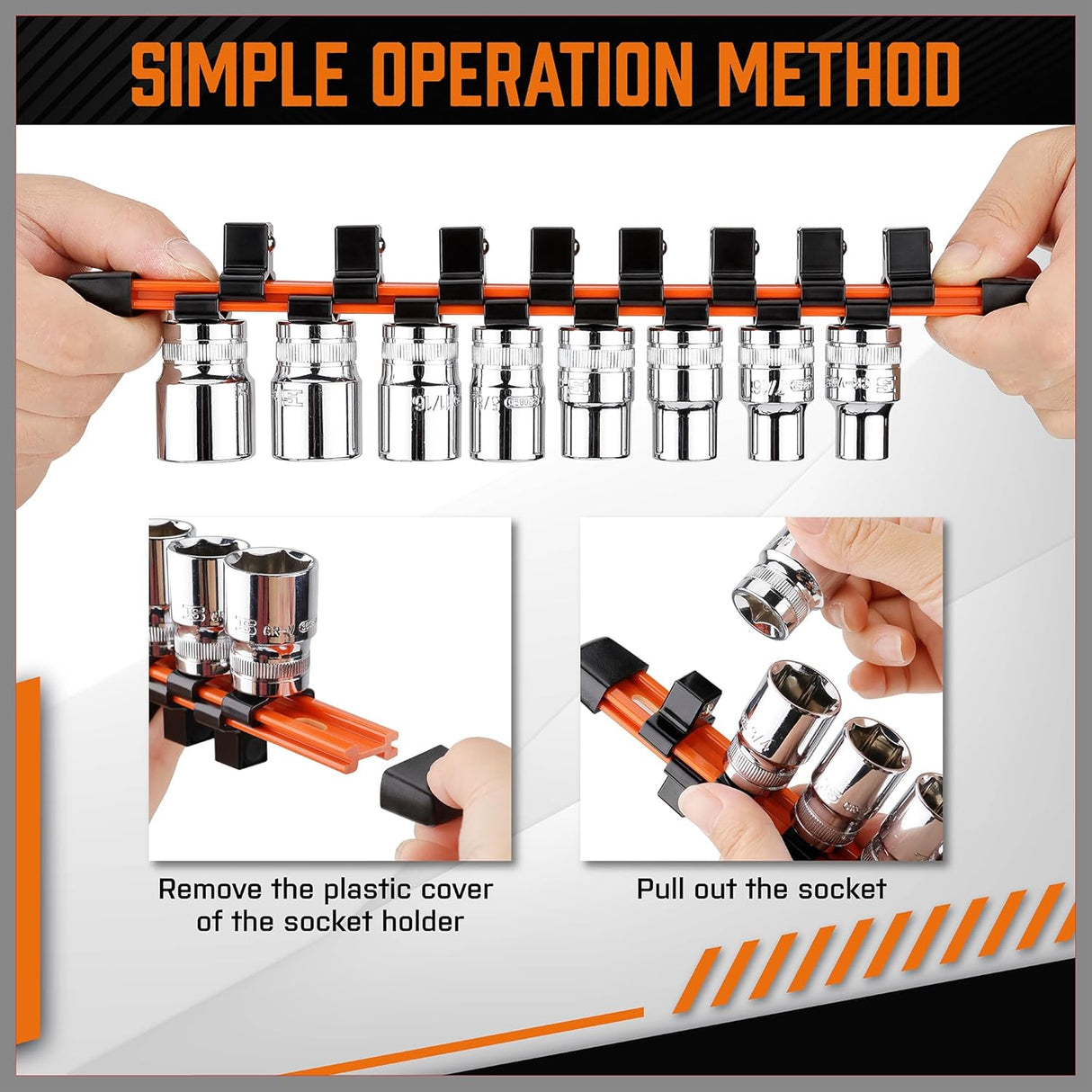 HORUSDY 6-piece socket storage rail set with color-coded aluminum tracks and removable clips for organizing 1/4", 3/8", and 1/2" drive sockets