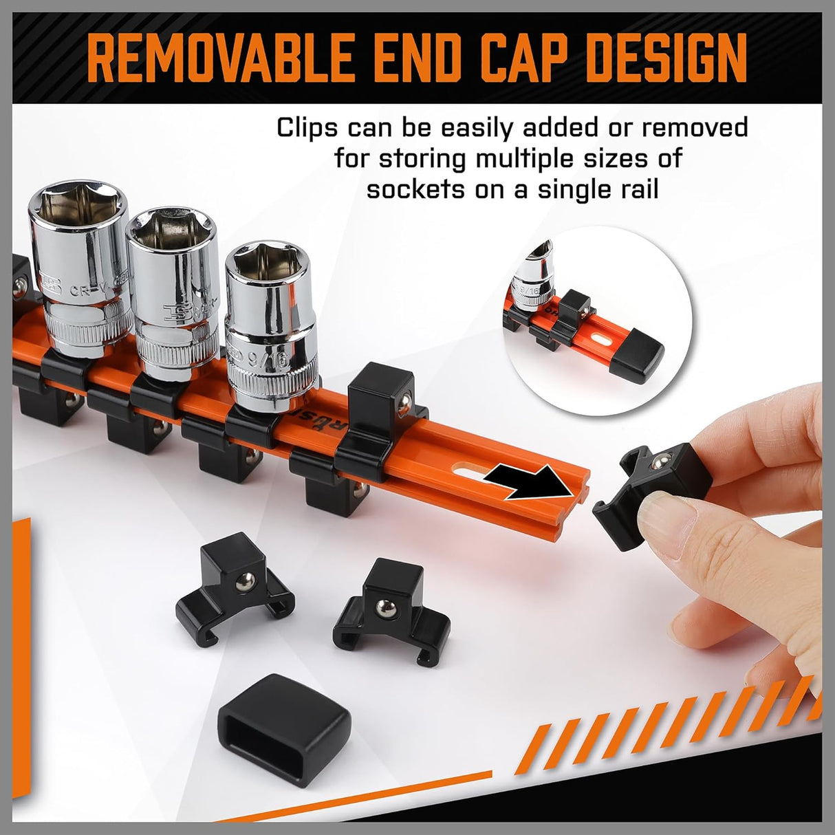 HORUSDY 6-piece socket storage rail set with color-coded aluminum tracks and removable clips for organizing 1/4", 3/8", and 1/2" drive sockets