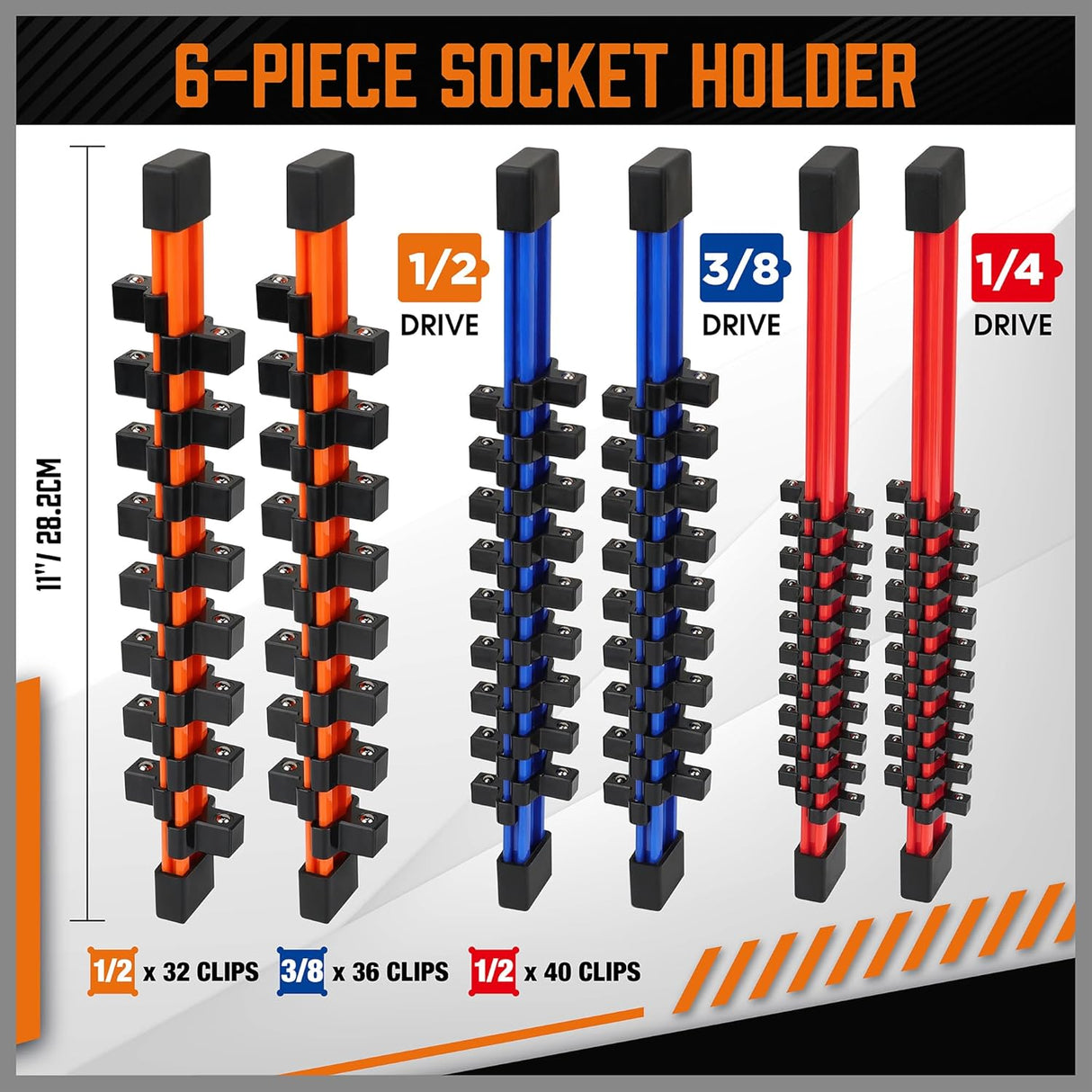 HORUSDY 6-piece socket storage rail set with color-coded aluminum tracks and removable clips for organizing 1/4", 3/8", and 1/2" drive sockets