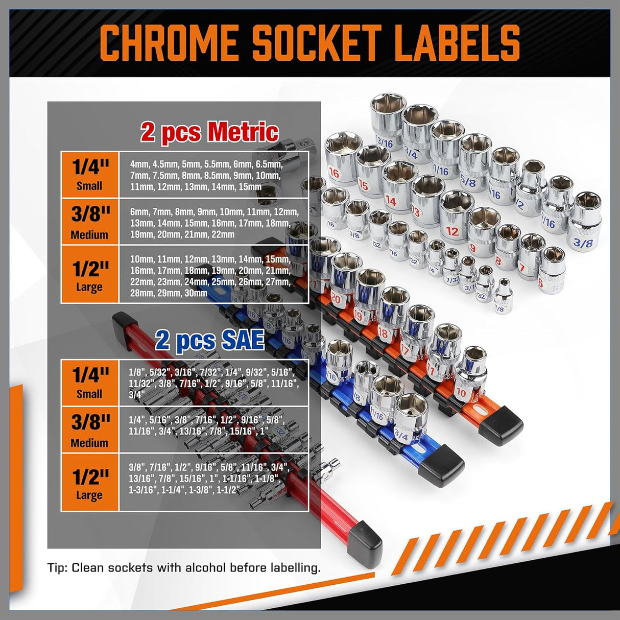 HORUSDY 6-piece socket storage rail set with color-coded aluminum tracks and removable clips for organizing 1/4", 3/8", and 1/2" drive sockets