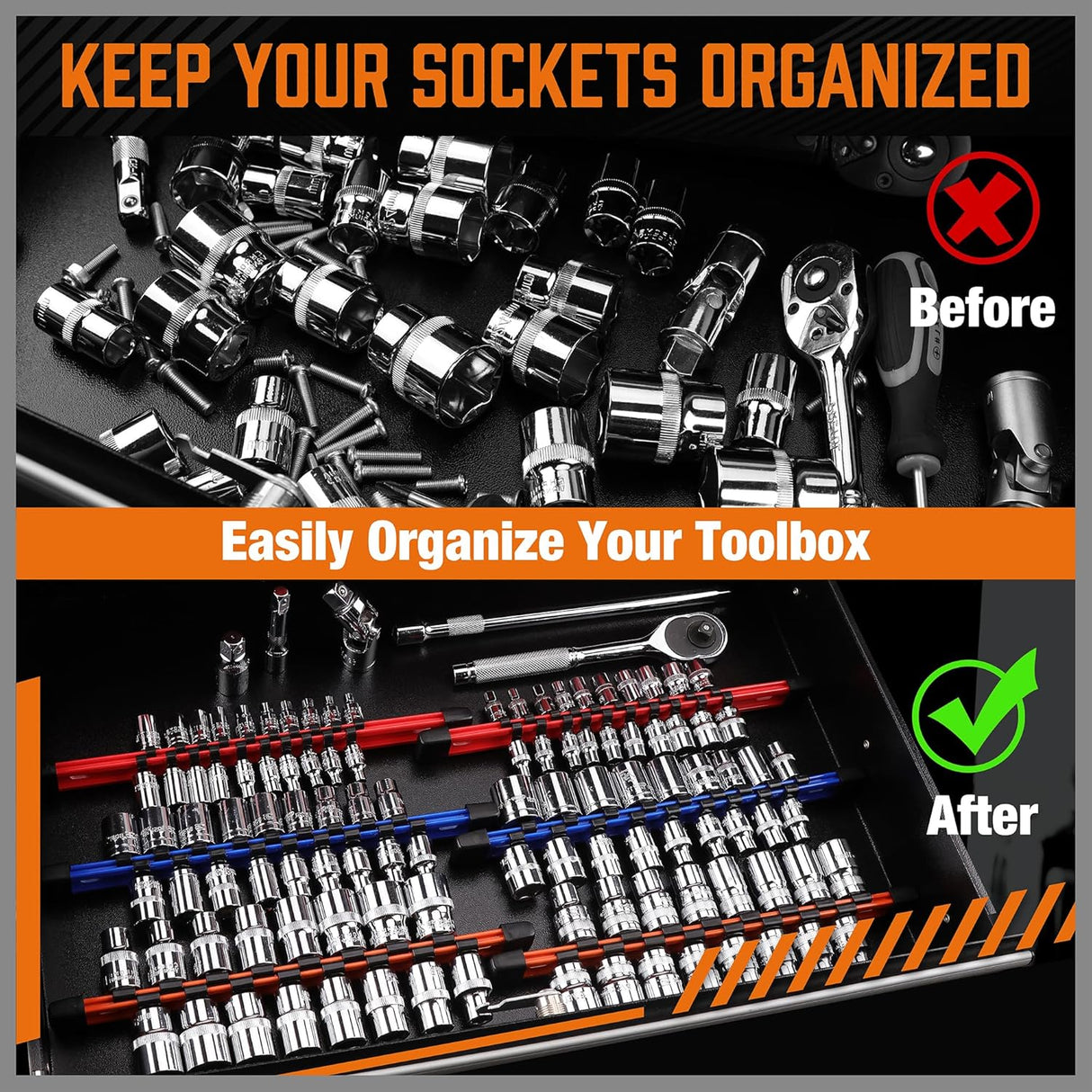 HORUSDY 6-piece socket storage rail set with color-coded aluminum tracks and removable clips for organizing 1/4", 3/8", and 1/2" drive sockets