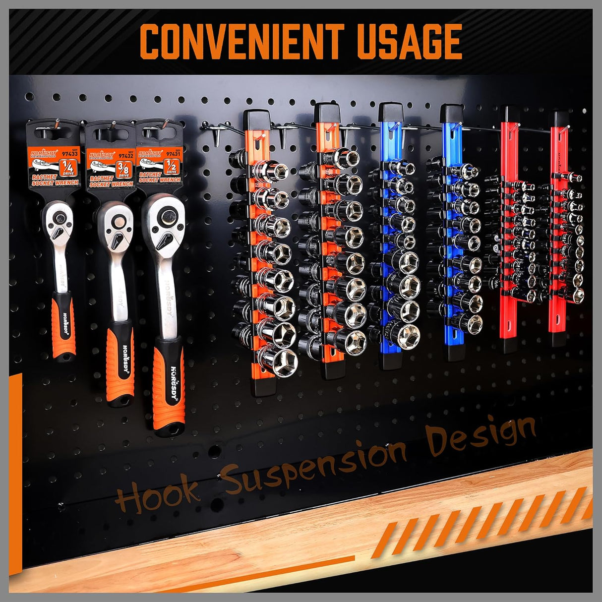 HORUSDY 6-piece socket storage rail set with color-coded aluminum tracks and removable clips for organizing 1/4", 3/8", and 1/2" drive sockets