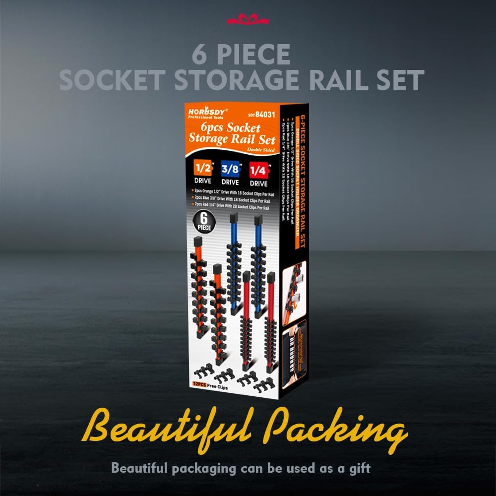 HORUSDY 6-piece socket storage rail set with color-coded aluminum tracks and removable clips for organizing 1/4", 3/8", and 1/2" drive sockets