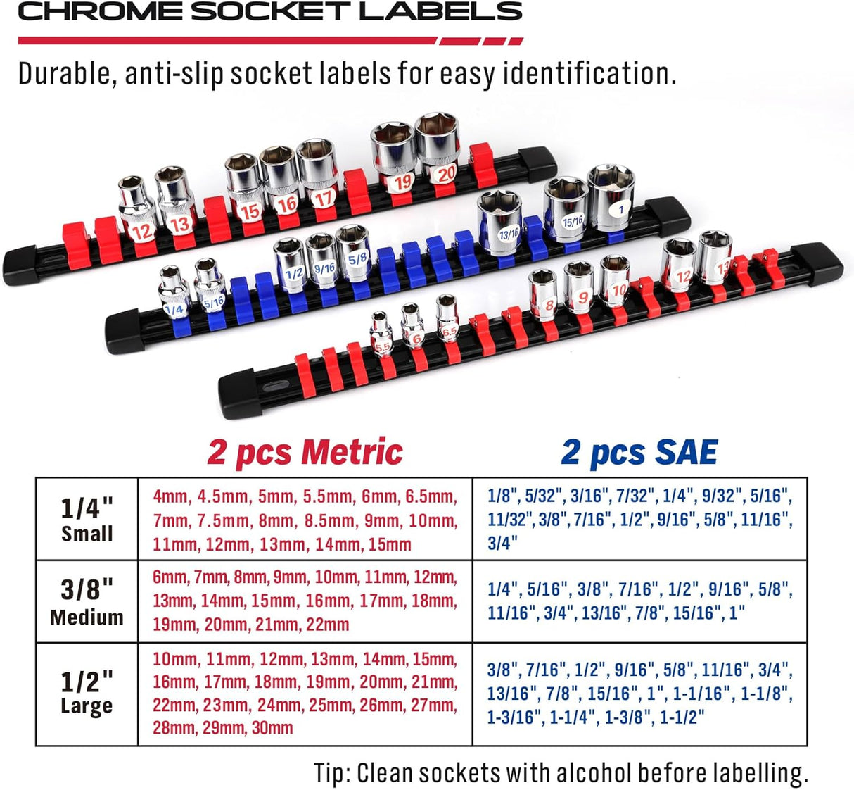 6-Piece Socket Organizer Holder Set with Adjustable Clips, Blue & Red, Compatible with 1/4", 3/8", and 1/2" Drive Sockets, Includes Socket Labels for Easy Organization
