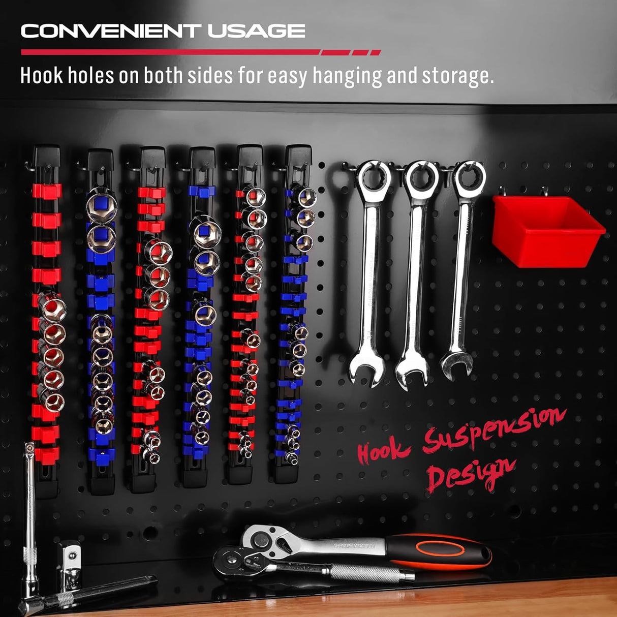 6-Piece Socket Organizer Holder Set with Adjustable Clips, Blue & Red, Compatible with 1/4", 3/8", and 1/2" Drive Sockets, Includes Socket Labels for Easy Organization