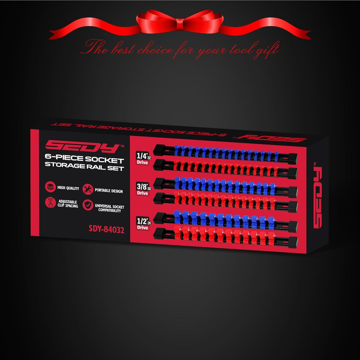 6-Piece Socket Organizer Holder Set with Adjustable Clips, Blue & Red, Compatible with 1/4", 3/8", and 1/2" Drive Sockets, Includes Socket Labels for Easy Organization