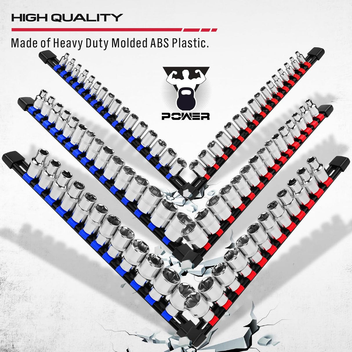 6-Piece Socket Organizer Holder Set with Adjustable Clips, Blue & Red, Compatible with 1/4", 3/8", and 1/2" Drive Sockets, Includes Socket Labels for Easy Organization