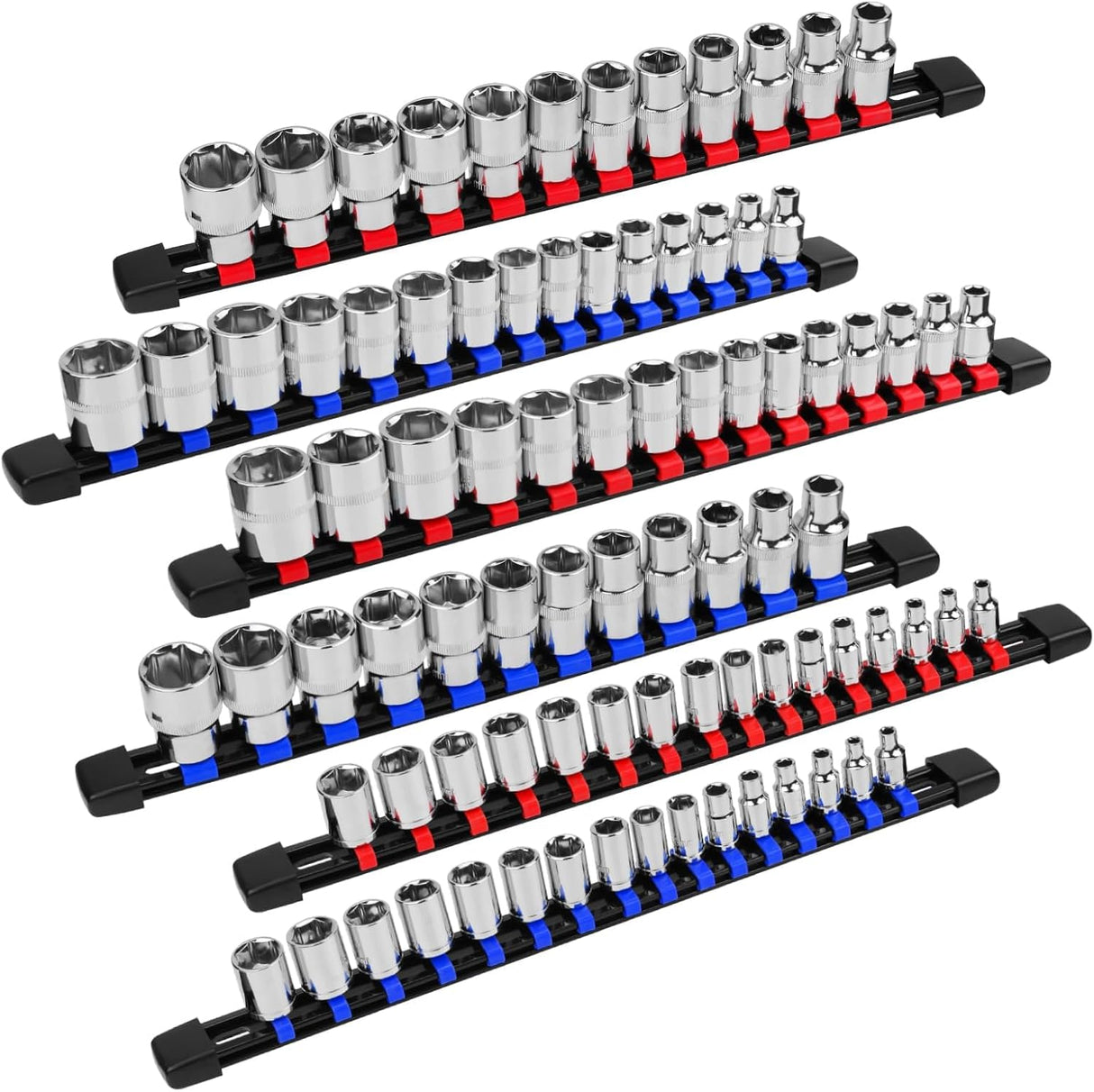 6-Piece Socket Organizer Holder Set with Adjustable Clips, Blue & Red, Compatible with 1/4", 3/8", and 1/2" Drive Sockets, Includes Socket Labels for Easy Organization