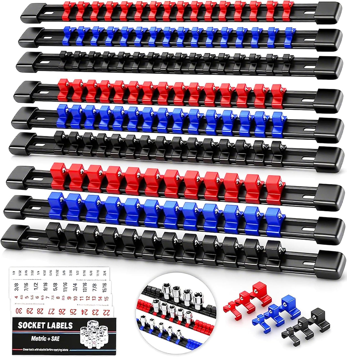 Sedy 9-Piece Socket Storage Rail Set – Durable, Portable Design with Adjustable Clip Spacing for Easy Socket Organization