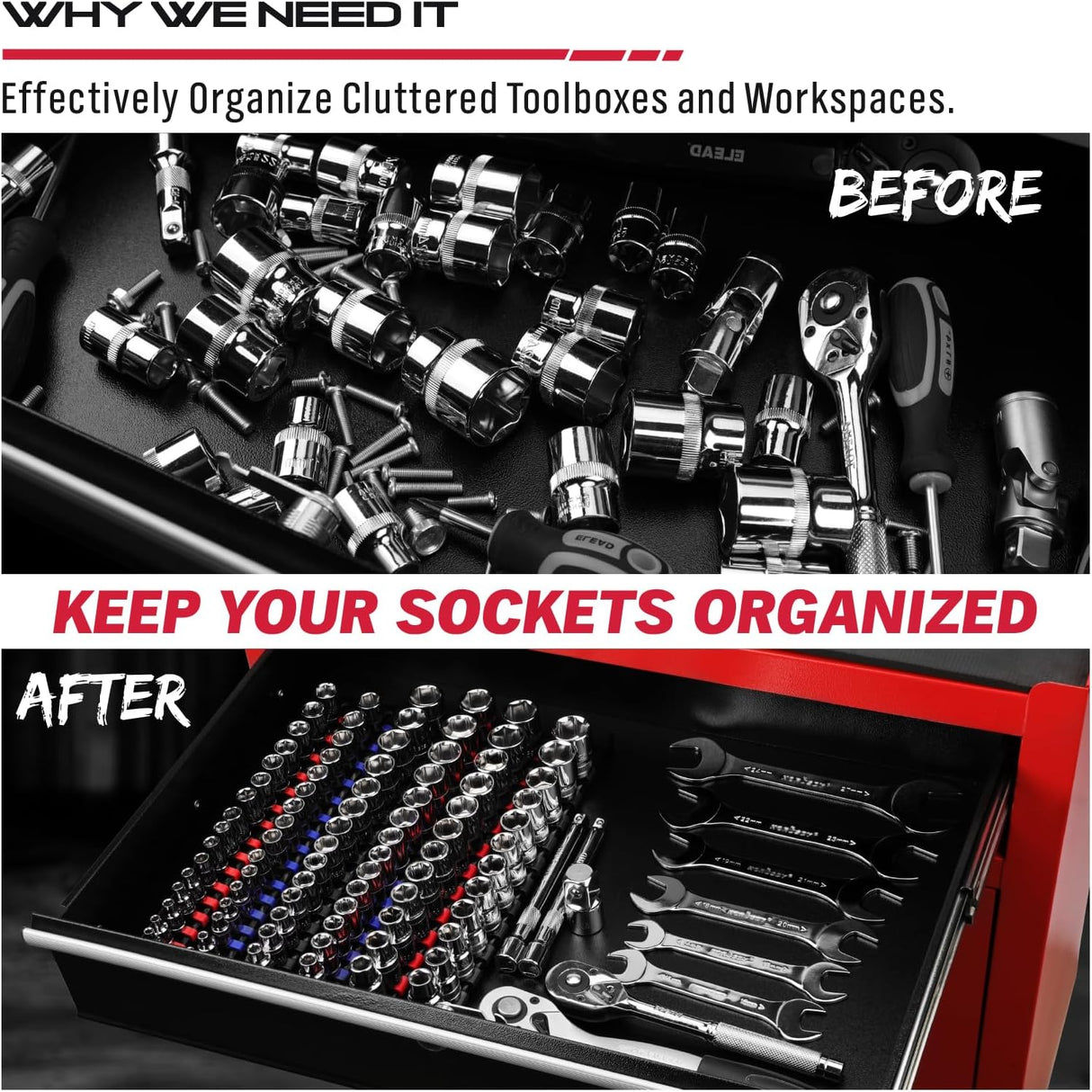 Sedy 9-Piece Socket Storage Rail Set – Durable, Portable Design with Adjustable Clip Spacing for Easy Socket Organization