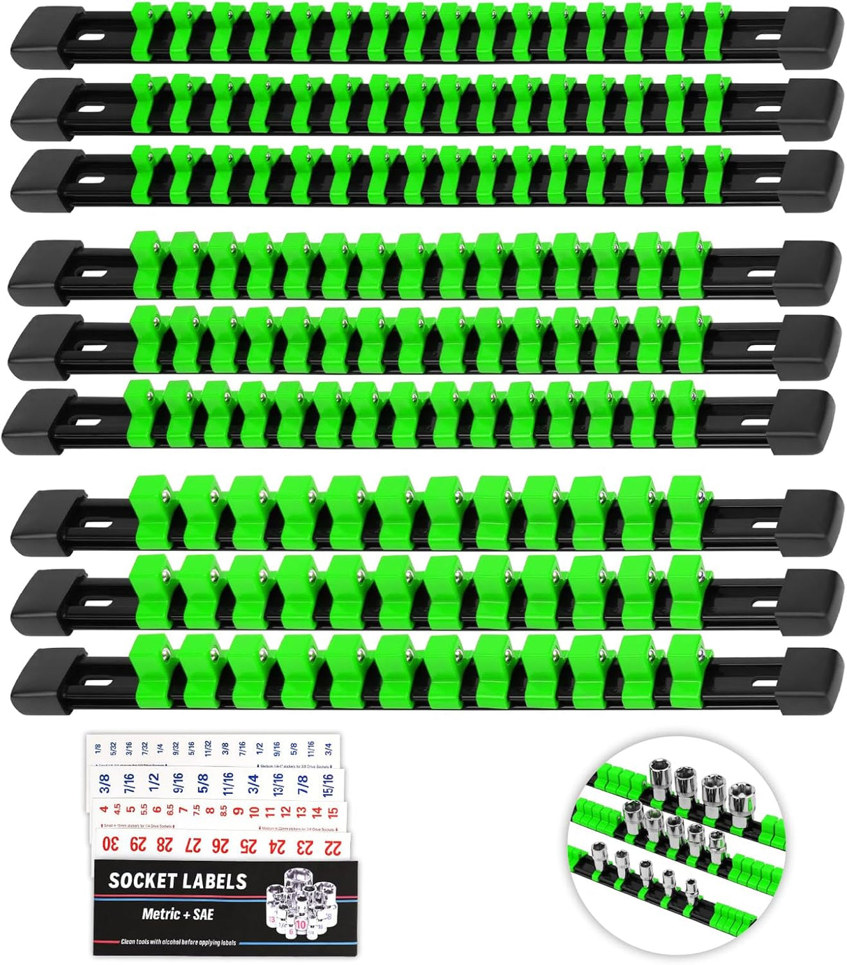 socket organizer rail set with green clips for 1/4, 3/8, 1/2 inch sockets, garage tool storage solution