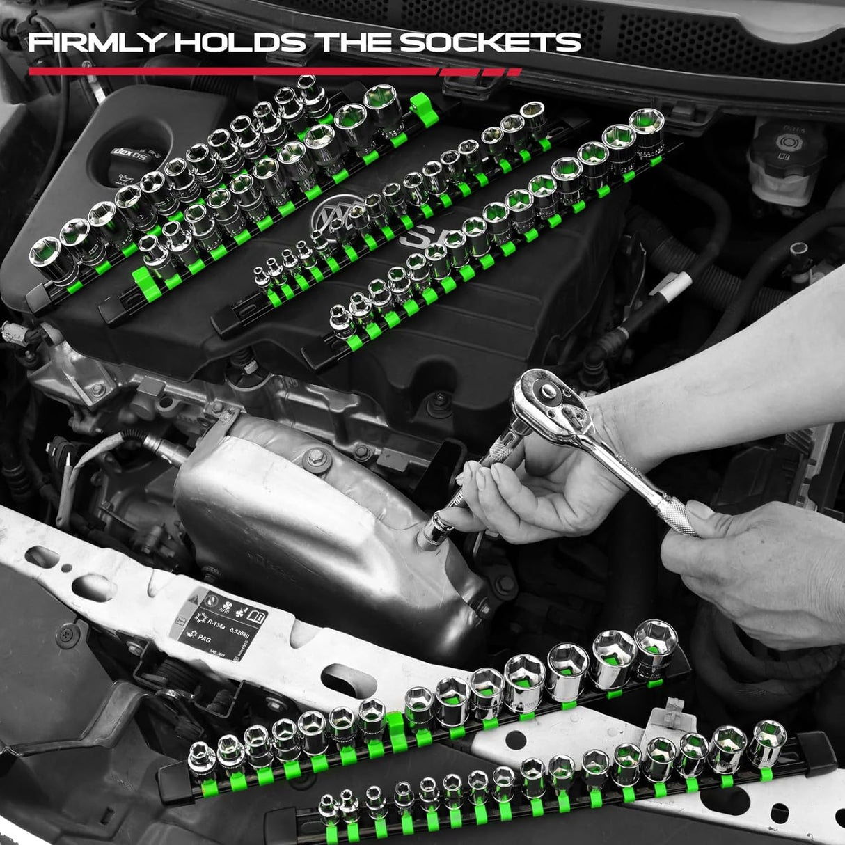 socket organizer rail set with green clips for 1/4, 3/8, 1/2 inch sockets, garage tool storage solution