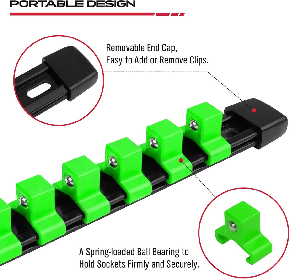 socket organizer rail set with green clips for 1/4, 3/8, 1/2 inch sockets, garage tool storage solution