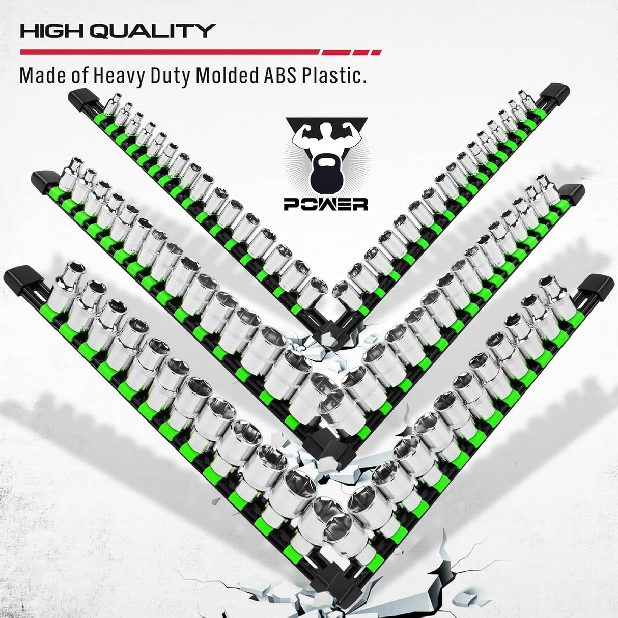 socket organizer rail set with green clips for 1/4, 3/8, 1/2 inch sockets, garage tool storage solution