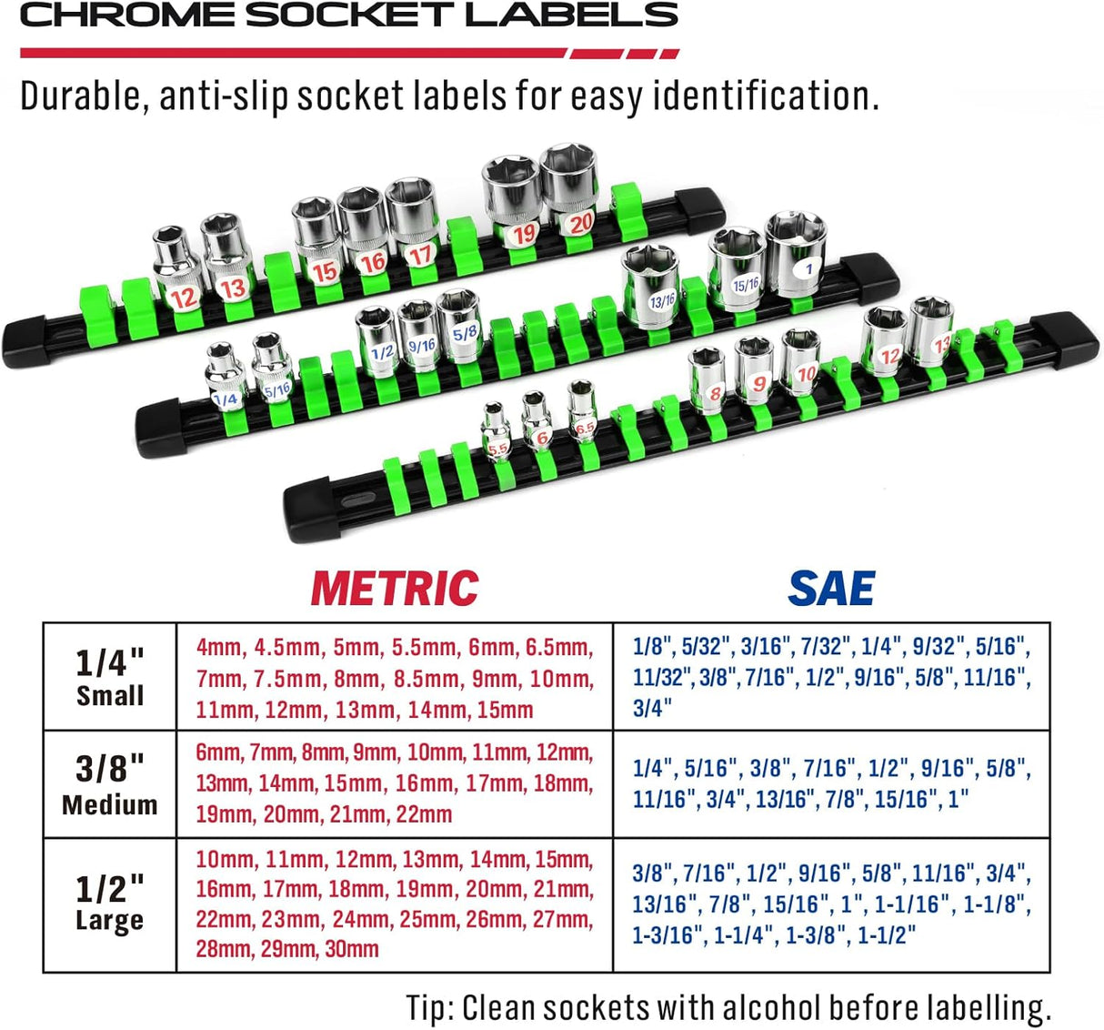 socket organizer rail set with green clips for 1/4, 3/8, 1/2 inch sockets, garage tool storage solution