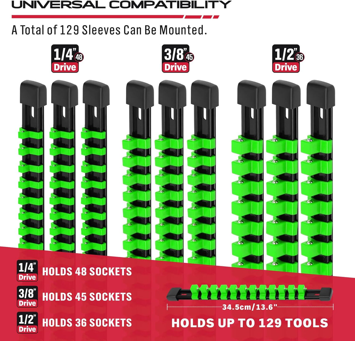 socket organizer rail set with green clips for 1/4, 3/8, 1/2 inch sockets, garage tool storage solution