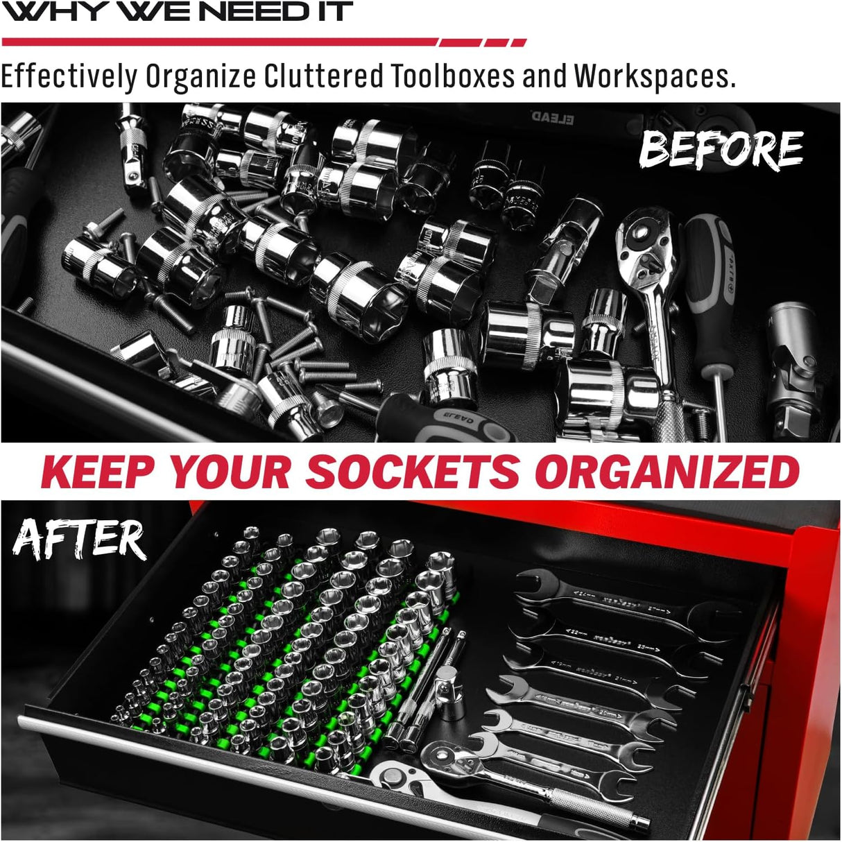 socket organizer rail set with green clips for 1/4, 3/8, 1/2 inch sockets, garage tool storage solution