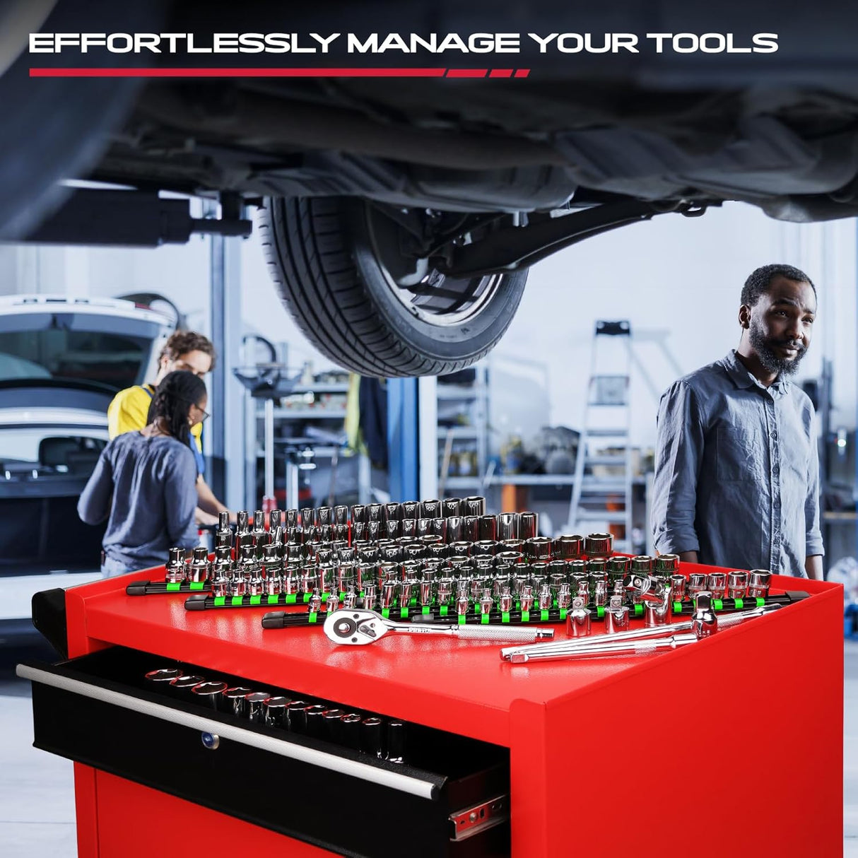 socket organizer rail set with green clips for 1/4, 3/8, 1/2 inch sockets, garage tool storage solution