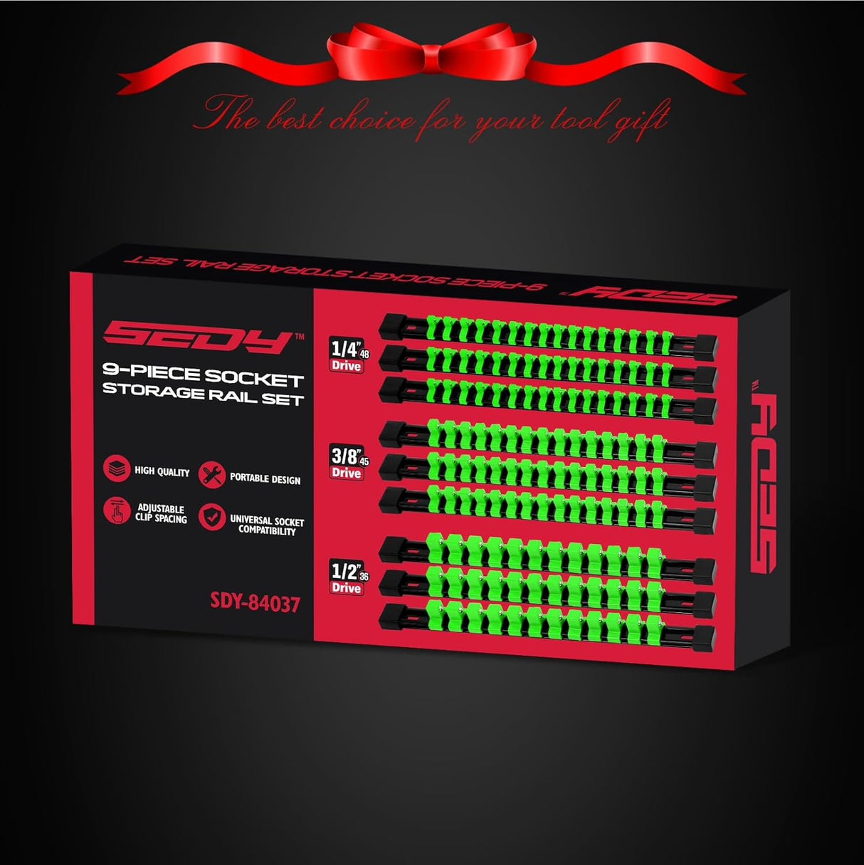 socket organizer rail set with green clips for 1/4, 3/8, 1/2 inch sockets, garage tool storage solution