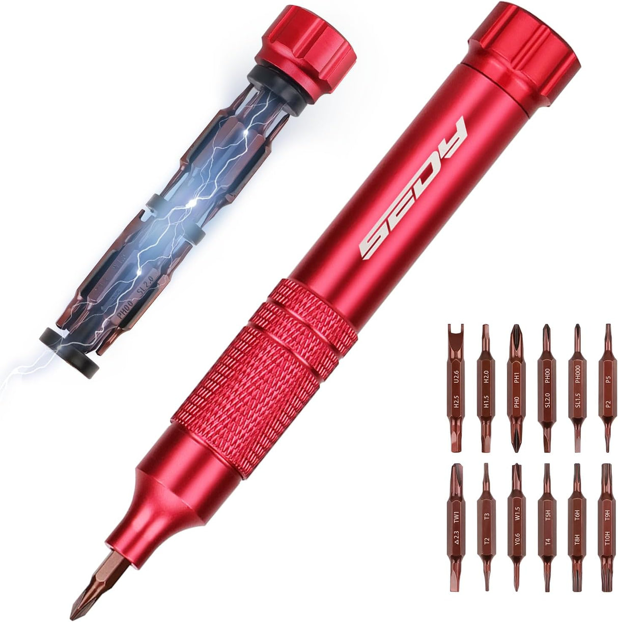 SEDY red 24-in-1 pocket screwdriver set with precision magnetic bits, red aluminum handle, and built-in bit storage