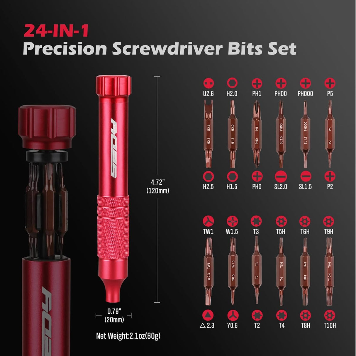 SEDY red 24-in-1 pocket screwdriver set with precision magnetic bits, red aluminum handle, and built-in bit storage
