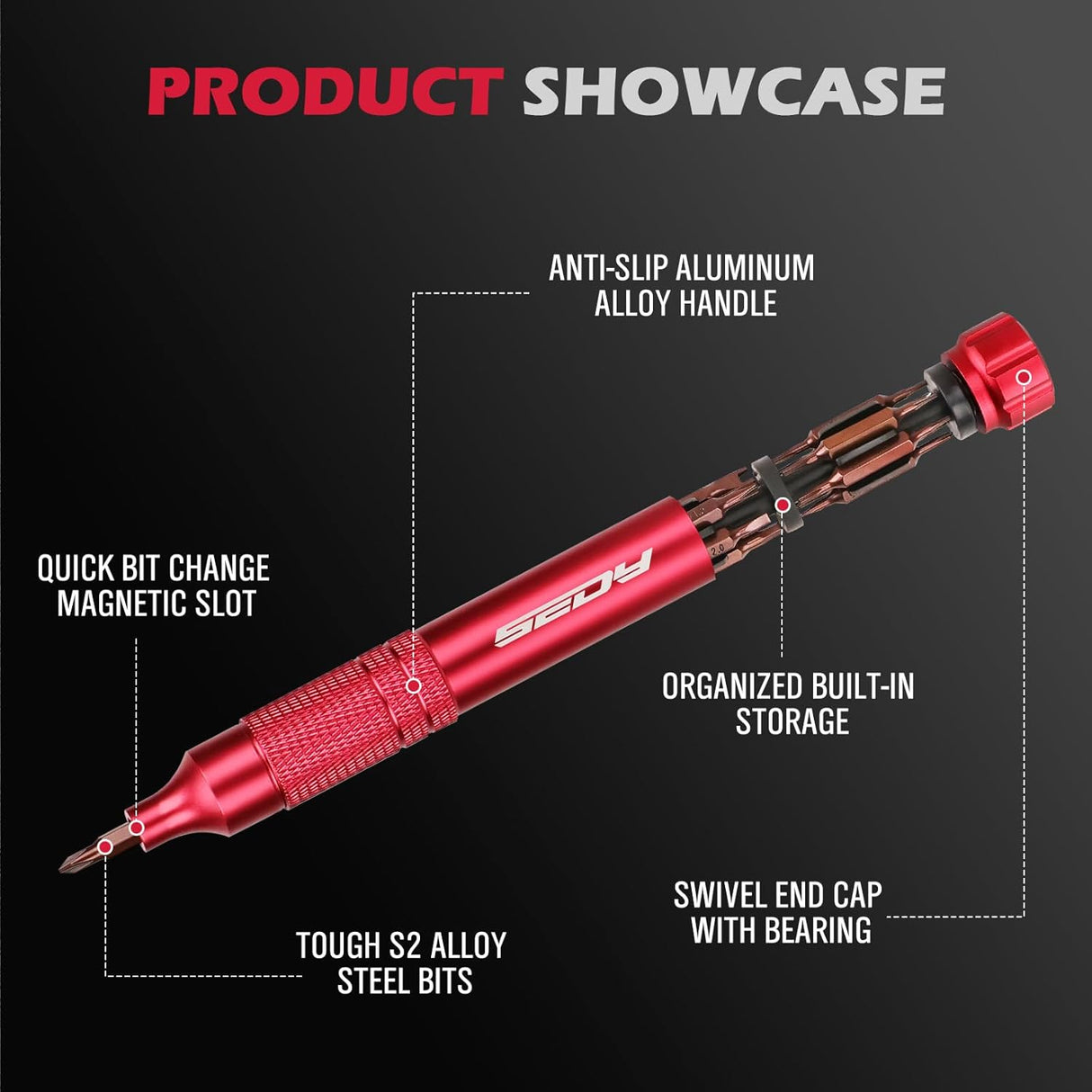 SEDY red 24-in-1 pocket screwdriver set with precision magnetic bits, red aluminum handle, and built-in bit storage
