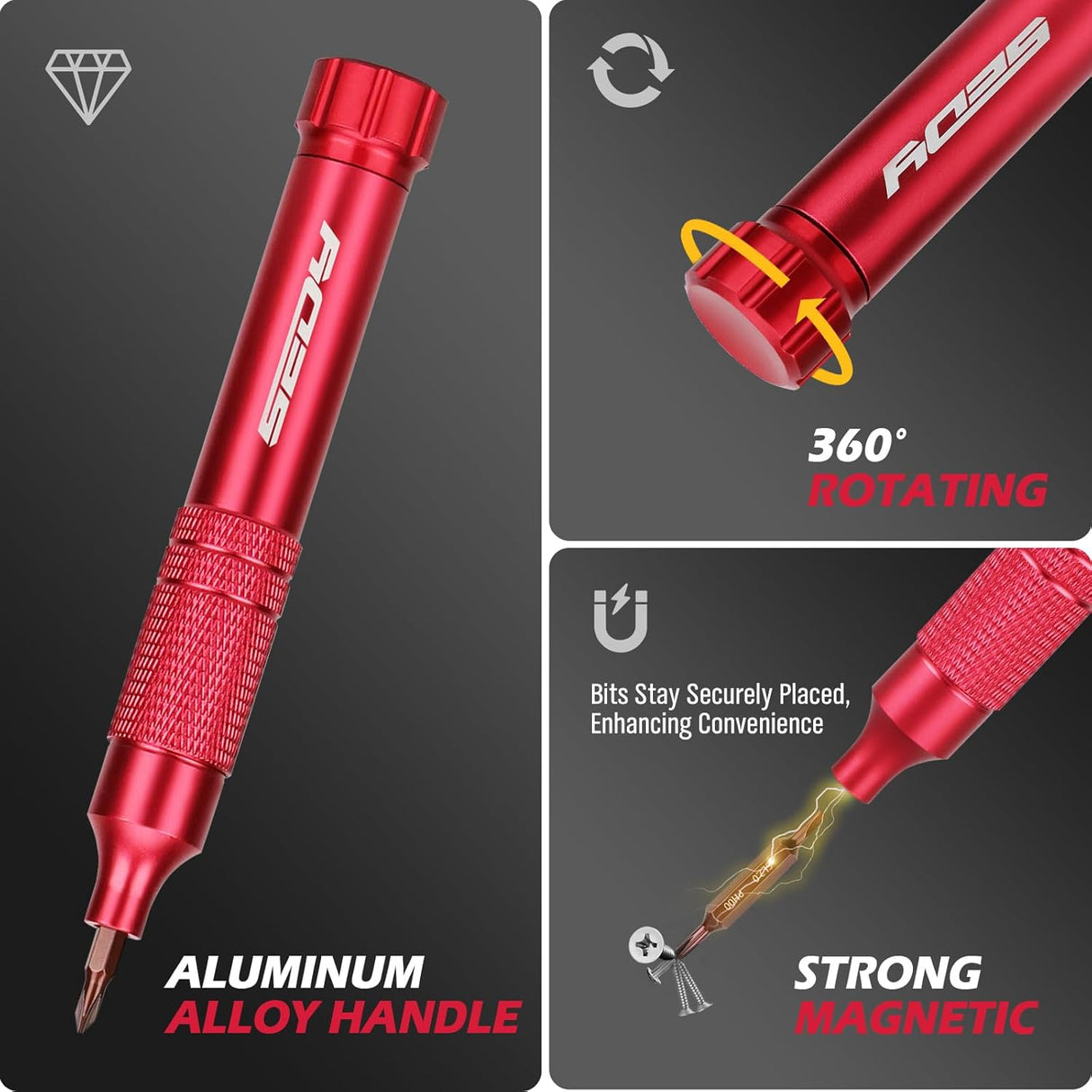 SEDY red 24-in-1 pocket screwdriver set with precision magnetic bits, red aluminum handle, and built-in bit storage