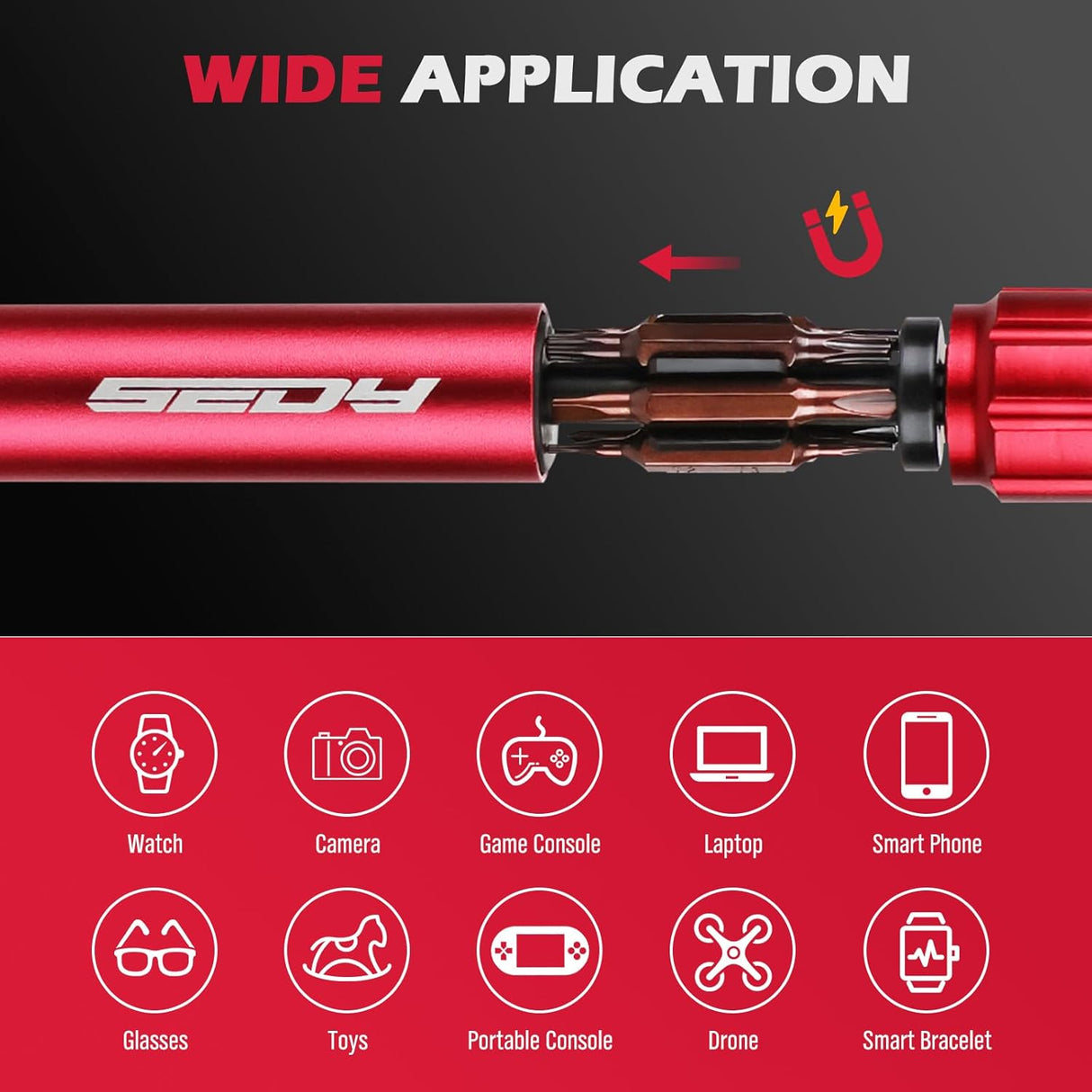 SEDY red 24-in-1 pocket screwdriver set with precision magnetic bits, red aluminum handle, and built-in bit storage