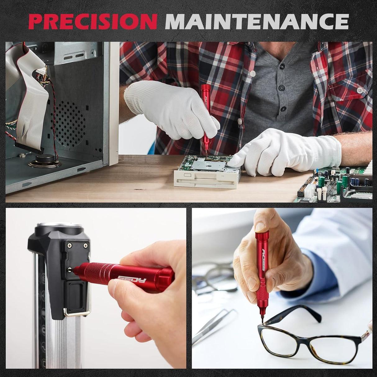 SEDY red 24-in-1 pocket screwdriver set with precision magnetic bits, red aluminum handle, and built-in bit storage