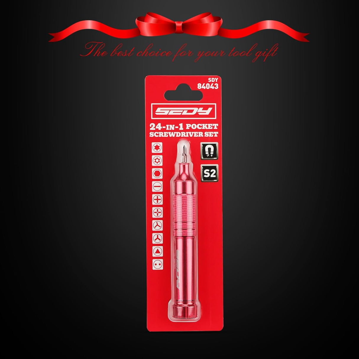 SEDY red 24-in-1 pocket screwdriver set with precision magnetic bits, red aluminum handle, and built-in bit storage