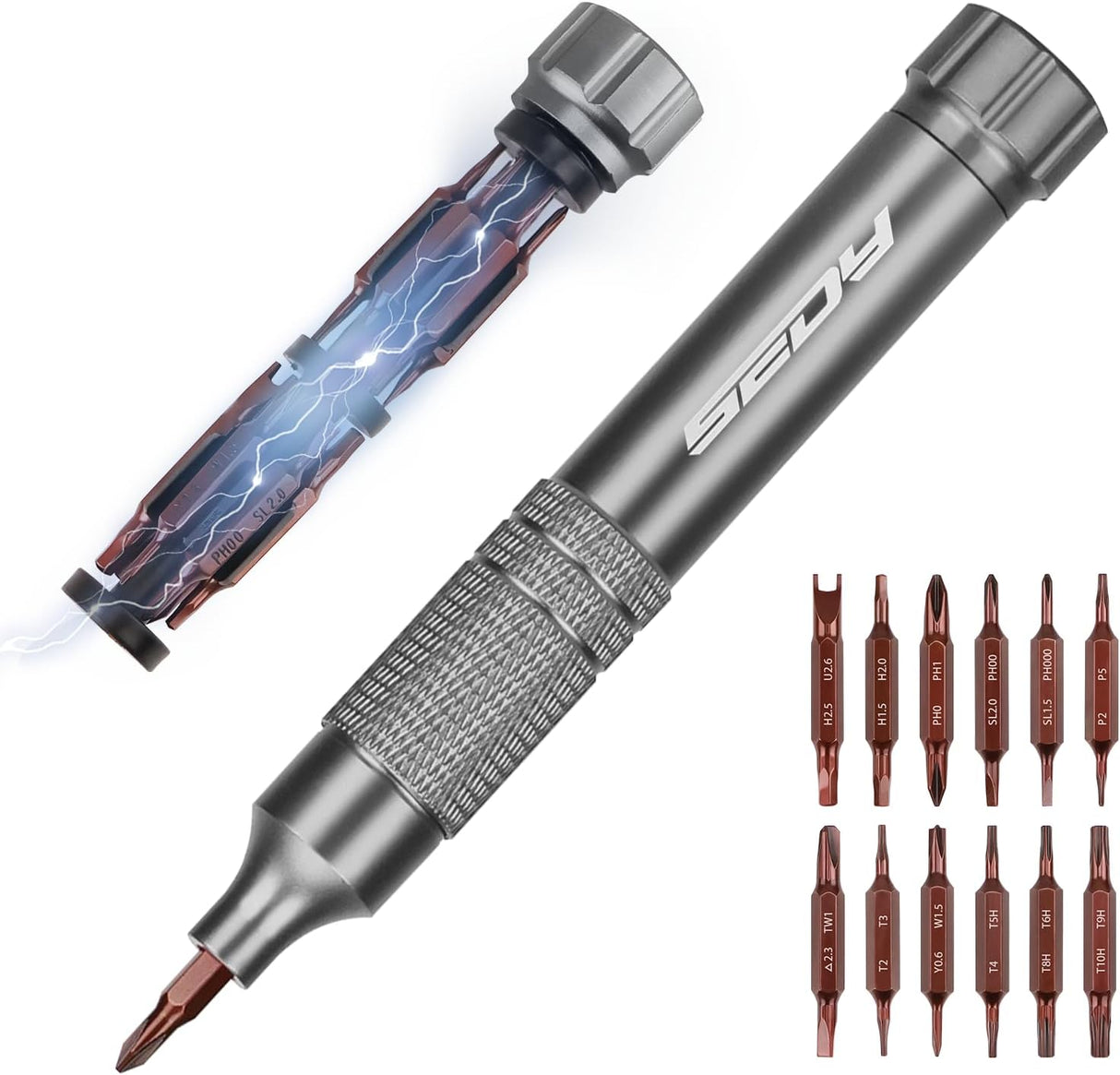 SEDY dark gray 24-in-1 pocket screwdriver set with magnetic precision bits, aluminum handle, and built-in storage