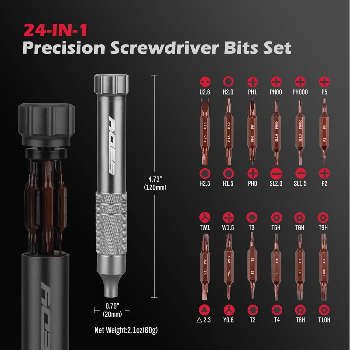SEDY dark gray 24-in-1 pocket screwdriver set with magnetic precision bits, aluminum handle, and built-in storage