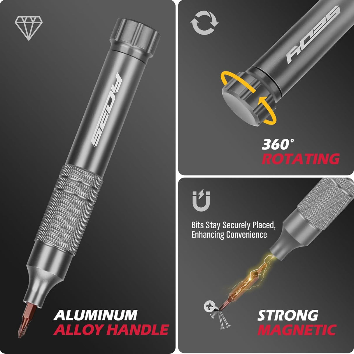 SEDY dark gray 24-in-1 pocket screwdriver set with magnetic precision bits, aluminum handle, and built-in storage