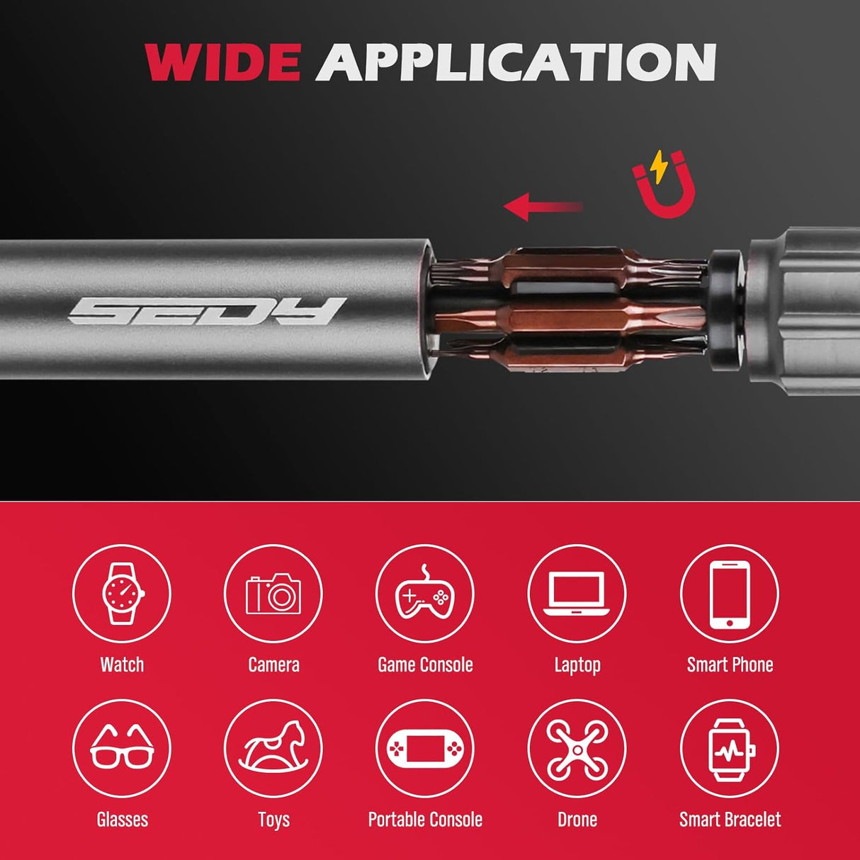 SEDY dark gray 24-in-1 pocket screwdriver set with magnetic precision bits, aluminum handle, and built-in storage