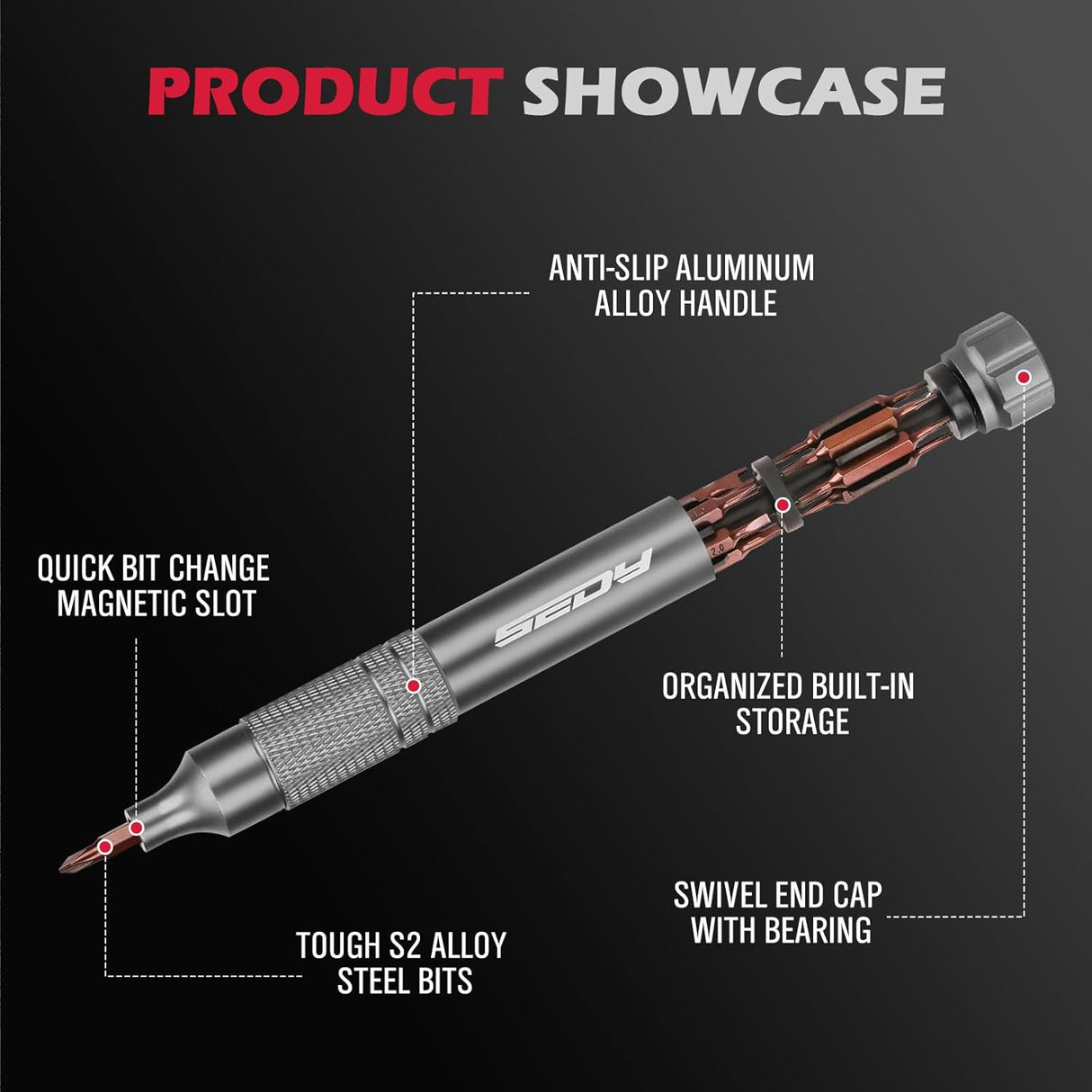 SEDY dark gray 24-in-1 pocket screwdriver set with magnetic precision bits, aluminum handle, and built-in storage