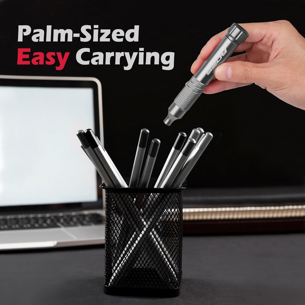 SEDY dark gray 24-in-1 pocket screwdriver set with magnetic precision bits, aluminum handle, and built-in storage