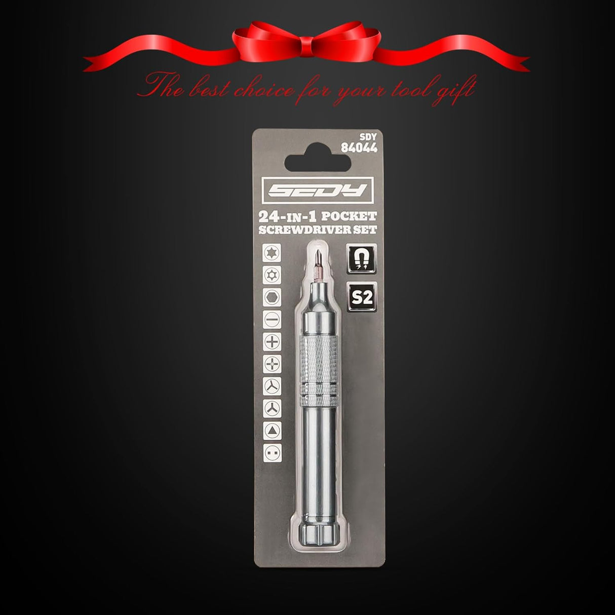 SEDY dark gray 24-in-1 pocket screwdriver set with magnetic precision bits, aluminum handle, and built-in storage