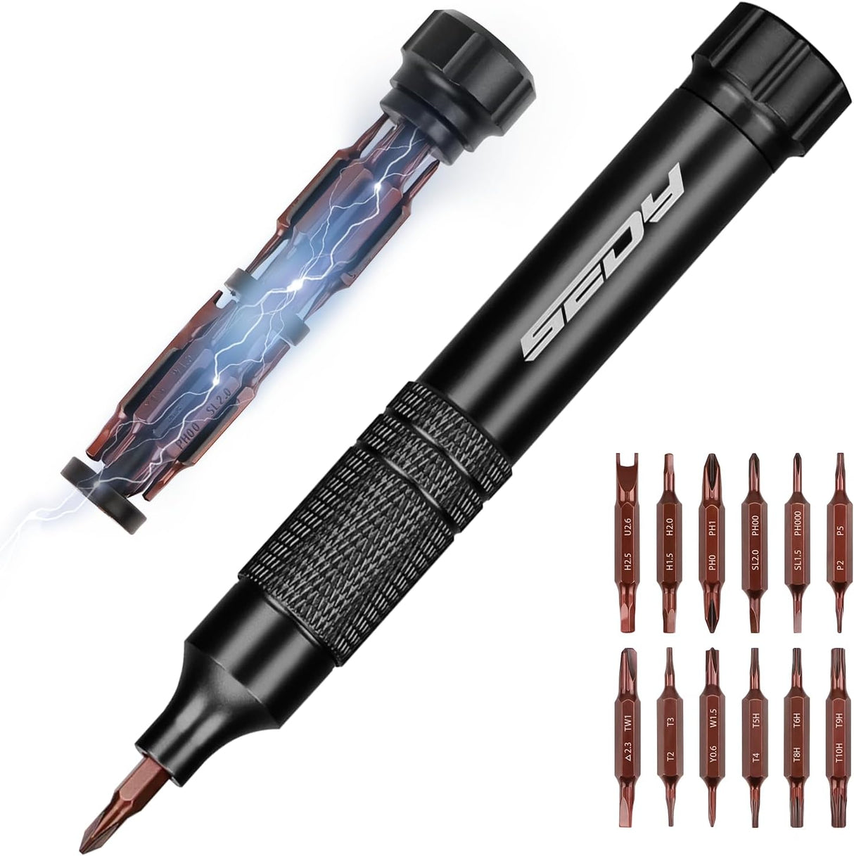 SEDY black 24-in-1 magnetic pocket screwdriver set with precision S2 bits, black handle, and hidden internal storage
