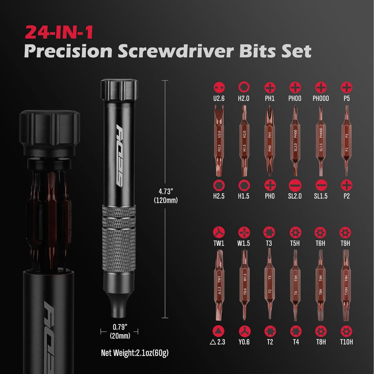 SEDY black 24-in-1 magnetic pocket screwdriver set with precision S2 bits, black handle, and hidden internal storage