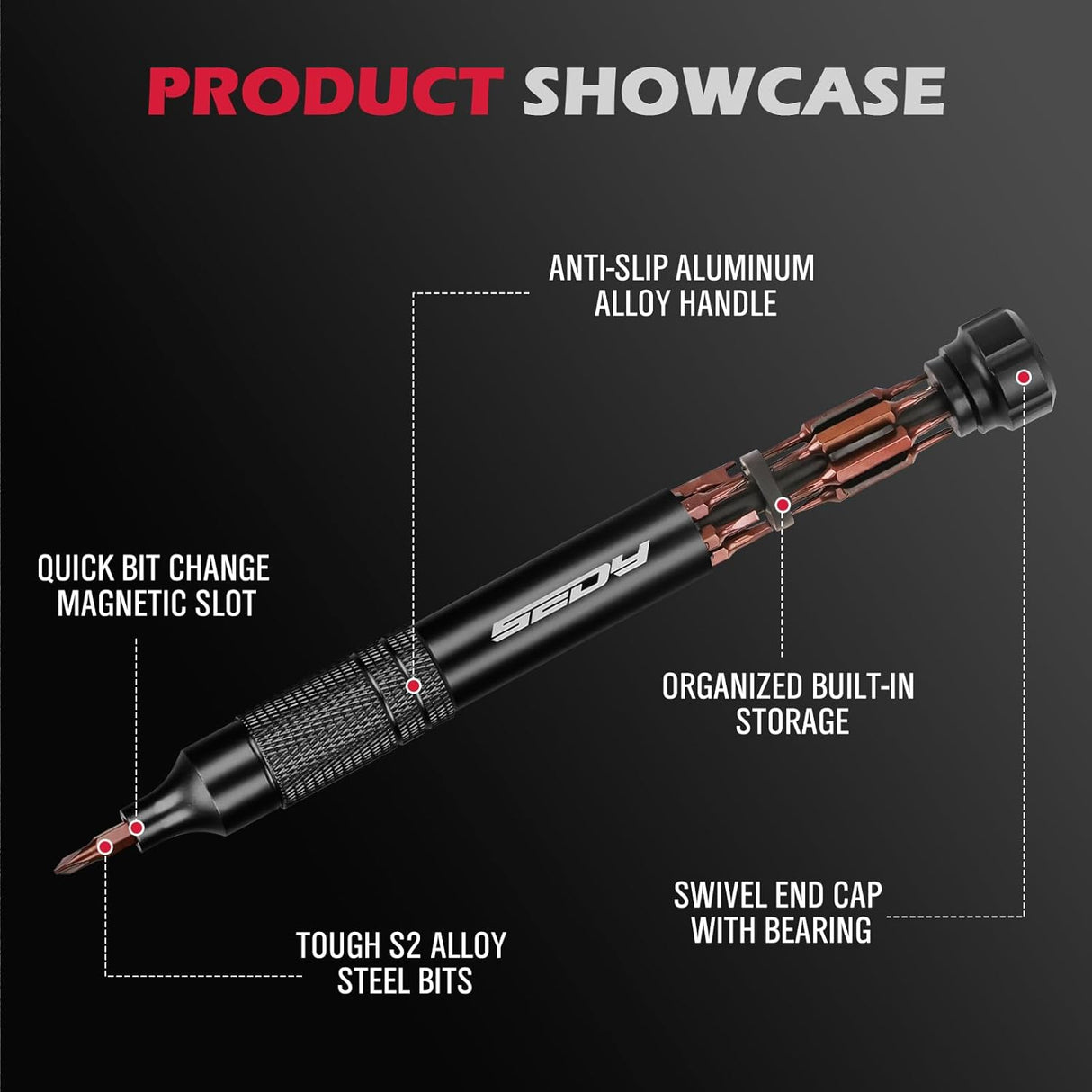 SEDY black 24-in-1 magnetic pocket screwdriver set with precision S2 bits, black handle, and hidden internal storage