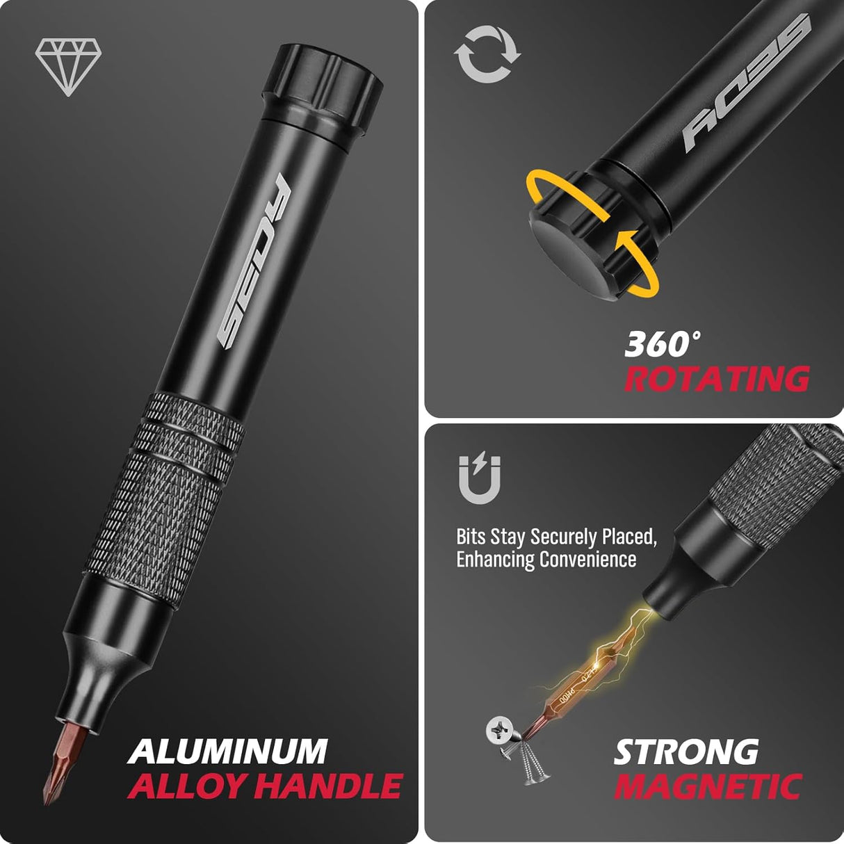 SEDY black 24-in-1 magnetic pocket screwdriver set with precision S2 bits, black handle, and hidden internal storage