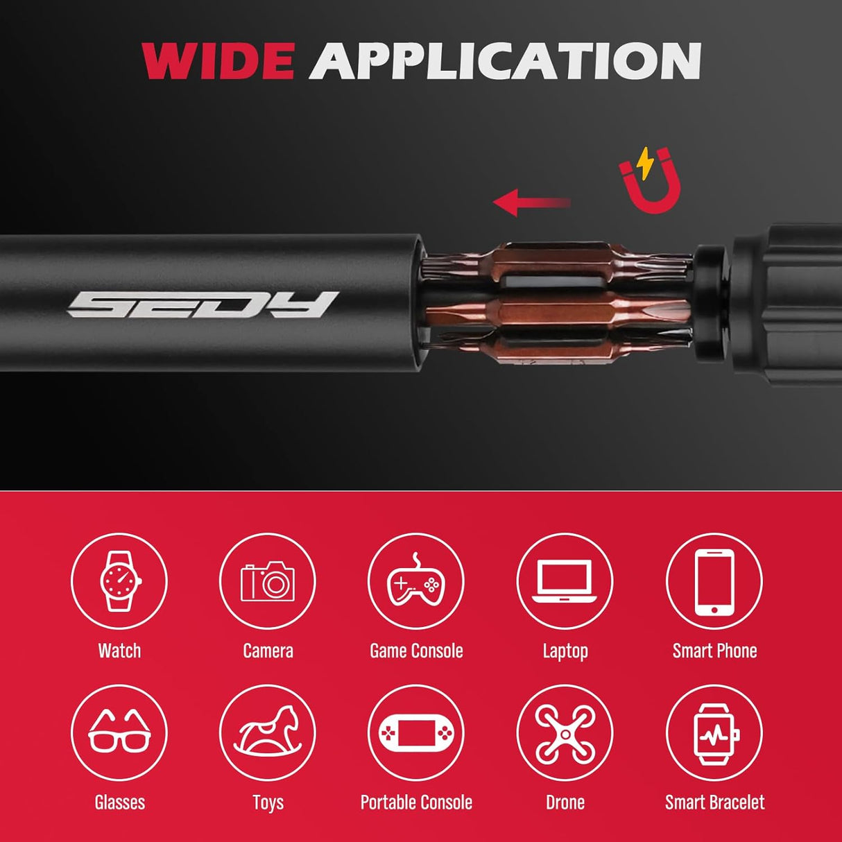 SEDY black 24-in-1 magnetic pocket screwdriver set with precision S2 bits, black handle, and hidden internal storage