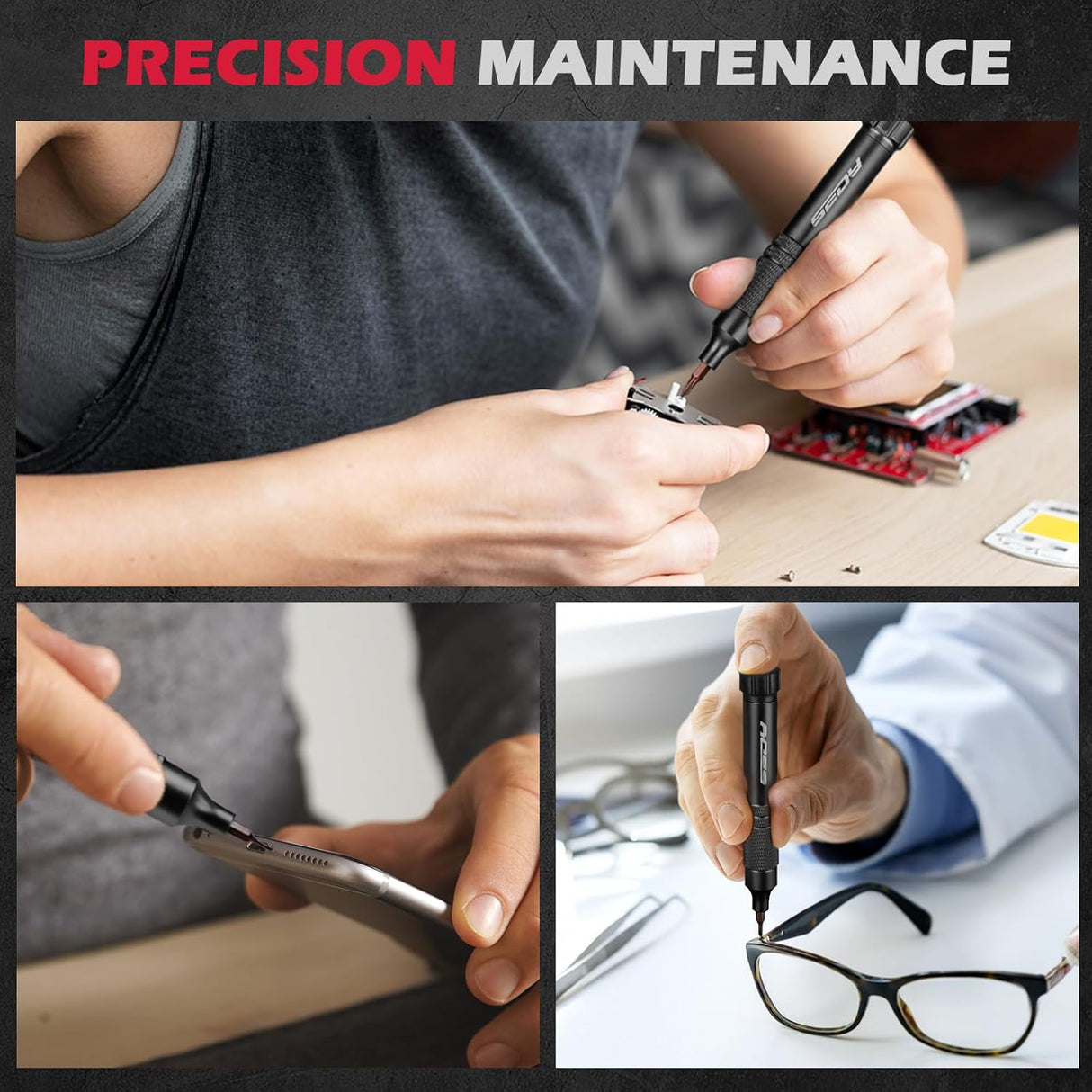 SEDY black 24-in-1 magnetic pocket screwdriver set with precision S2 bits, black handle, and hidden internal storage